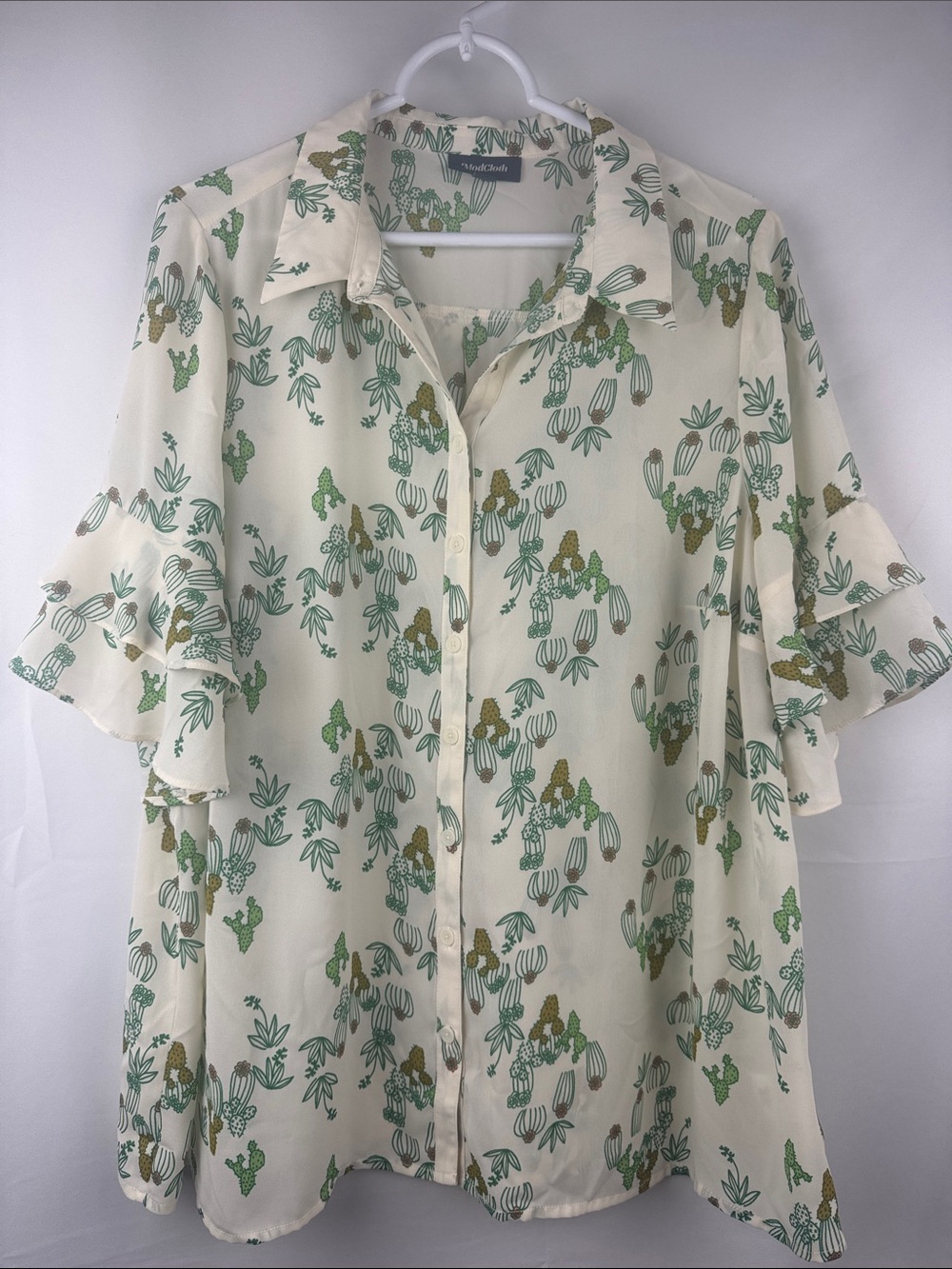 ModCloth Button Front Sheer Cactus Print Shirt Ruffle Sleeve Plus Size 1X
